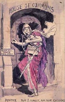Figure of Justice outside the House of Commons: 'But, I, surely, am not excluded?' [image copyright The Women's Library, London Metropolitan University]